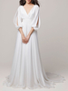 Robe de mariée simple col V demi-manche jupe plissée à traîne