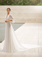 Robe de mariée simple col V demie-manche décolleté transparente à traîne