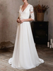 Robe de mariée simple col V demie-manche en dentelle à traîne