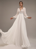 Robe de mariée simple col V manche longue dos en dentelle décoré des boutons longueur au sol