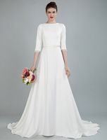 Robe de mariée simple demi-manchon ajouré avec col bateau et demi-manches