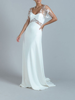 Robe de mariée simple en dentelle col en V manches courtes en dentelle robes de mariée A-ligne