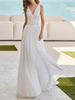 Robe de mariée simple en dentelle col V sans manches à traîne