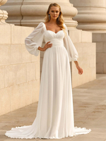 Robe de mariée simple en mousseline de soie col en cœur manches longues robes de mariée trapèze plissées