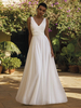 Robe de mariée simple en mousseline de soie col en V sans manches ceinture robes de mariée trapèze