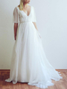 Robe de mariée simple en mousseline de soie col V demi-manches longueur au sol jupe plissé Robe de mariage