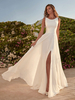 Robe de mariée simple en tissu satiné col bijou sans manches fendue sur le devant ligne a