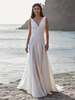 Robe de mariée simple en tissu satiné col en V sans manches en dentelle coupe A