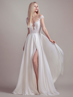 Robe de mariée simple ivoire A-ligne col en V taille naturelle manches courtes dos nu robes de mariée en dentelle