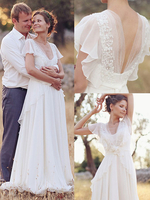 Robe de mariée simple ivoire en chiffon col V manche courte décolleté jupe volante Robe de mariage