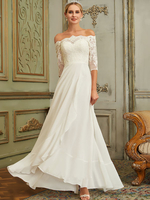 Robe de mariée simple ivoire en mousseline demi-manche jupe plissée longueur à la cheville