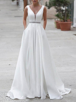Robe de mariée simple ivoire tissu de satin col V décolleté longueur au sol robe de mariage