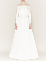Robe de mariée simple ivoire Tissu en satin col bateau manches longues A-ligne longues robes de mariée