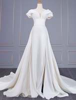 Robe de mariée simple ivoire tissu satiné col en V manches courtes dos nu une ligne robes de mariée longues