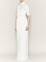 Robe de mariée simple ivoire tissu satiné col haut manches courtes robes de mariée dos nu
