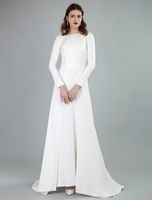 Robe de mariée simple Lycra Spandex Bateau Cou Manches Longues Fendue devant Une Ligne Robes de Mariée