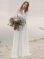 Robe de mariée simple manches longues robe de mariée plage dos nu avec traîne