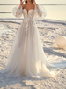 Robe de mariée simple robe de mariage col en coeur manche longue transparente à traîne
