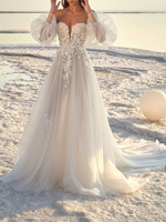 Robe de mariée simple robe de mariage col en coeur manche longue transparente à traîne