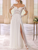 Robe de mariée simple robe de mariage col rond manche boutonné sur dos longue jupe fendue au sol