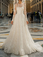 Robe de mariée simple robe de mariage col rond manche longue boutonné sur dos à traîne