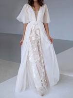 Robe de mariée simple robe de mariage col V manche court au sol
