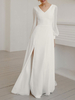 Robe de mariée simple robe de mariage col V manche longue en chiffon jupe fendue