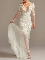 Robe de mariée simple robe de mariage col V plongeant manche longue décolleté à traîne courte