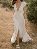 Robe de mariée simple robe de mariage col V sans manche jupe fendue au sol