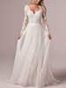 Robe de mariée simple robe de mariage en dentelle col V manche longue transparente décolleté à traîne