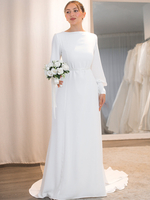 Robe de mariée simple robe de mariée vintage col rond manche longue à traîne