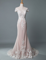 Robe de mariée simple sirène bijou cou manches courtes étage longueur robes de mariée en dentelle personnalisées avec train