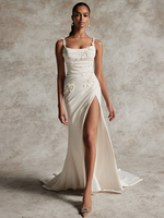 Robe de mariée simple sirène col bijou sans manches appliques robes de mariée
