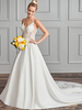 Robe de mariée simple top en dentelle jupe en satin à traîne col V à bretelle boutonné sur dos