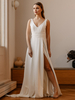 Robe de mariée simple trapèze col en V sans manches fendue sur le devant