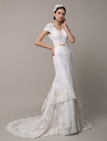 Robe de mariée sirène en dentelle ivoire à col V avec traîne Milanoo