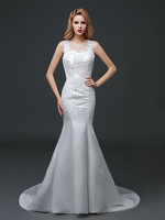 Robe de mariée sirène hall sirène Avec traîne avec perles col rond détail zip Tissu de satin sans doublure ivoire 60cm