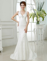 Robe de mariée sirène hall sirène Avec traîne col V avec strass sans manches à taille naturelle détail zip en dentelle avec soutien-gorge