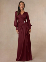 Robe de mariée sirène plissée pour mère col en v manches longues robes dinvitées pour mariage