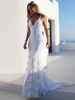 Robe de mariée sirène sexy Robe de mariée en dentelle blanche à col en V et dos nu