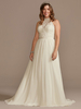 Robe de Mariée Trapèze à Traîne en Mousseline à Col Rond sans Manches avec Epaules Dénudées Coupe Cintrée Bas Evasée Unicolore Simple Grande Taille