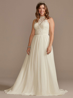 Robe de Mariée Trapèze à Traîne en Mousseline à Col Rond sans Manches avec Epaules Dénudées Coupe Cintrée Bas Evasée Unicolore Simple Grande Taille
