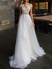 Robe de mariée trapèze blanche en tulle col rond en dentelle transparent jupe plissée à traîne Robe de mariage