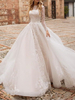 Robe de mariée trapèze col rond manche longue transparente à grande traîne