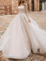 Robe de mariée trapèze col rond manche longue transparente à grande traîne