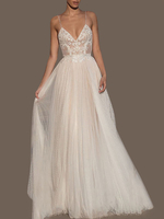 Robe de mariée trapèze col V en dentelle jupe en tulle à bretelle longueur au sol Robe de mariage