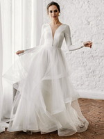Robe de mariée trapèze col V profond manche longue au sol robe de mariage