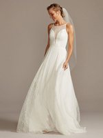 Robe de Mariée Trapèze en Mousseline à Col Rond sans Manches avec Epaules Dénudées Coupe Cintrée Bas Evasée Unicolore Simple