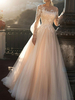 Robe de Mariée Trapèze en Mousseline avec Manches Longues Transparentes à Col Rond Coupe Cintrée Bas Evasée Unicolore Robe de Princesse