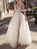 Robe de mariée trapèze ivoire en tulle col V profond paillete jupe fendue robe de mariage